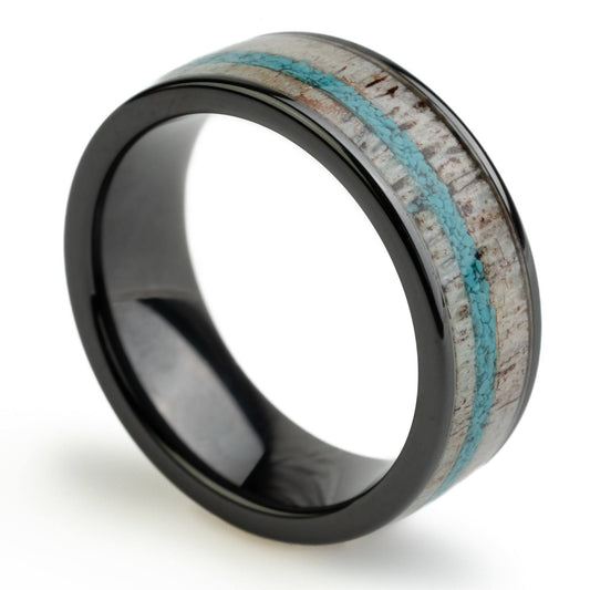 The Big Sky Ring Black Tungsten Carbide, Deer Antler, And Turquoise