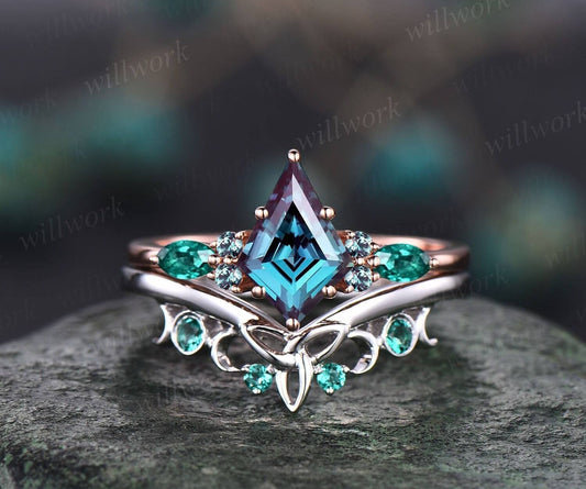 Wedding Ring Set Vintage Alexandrite Engagement Ring Set Kite Cut Ring Art Deco Antique Dainty Emerald Ring 14k Gold Silver For Women 1pc