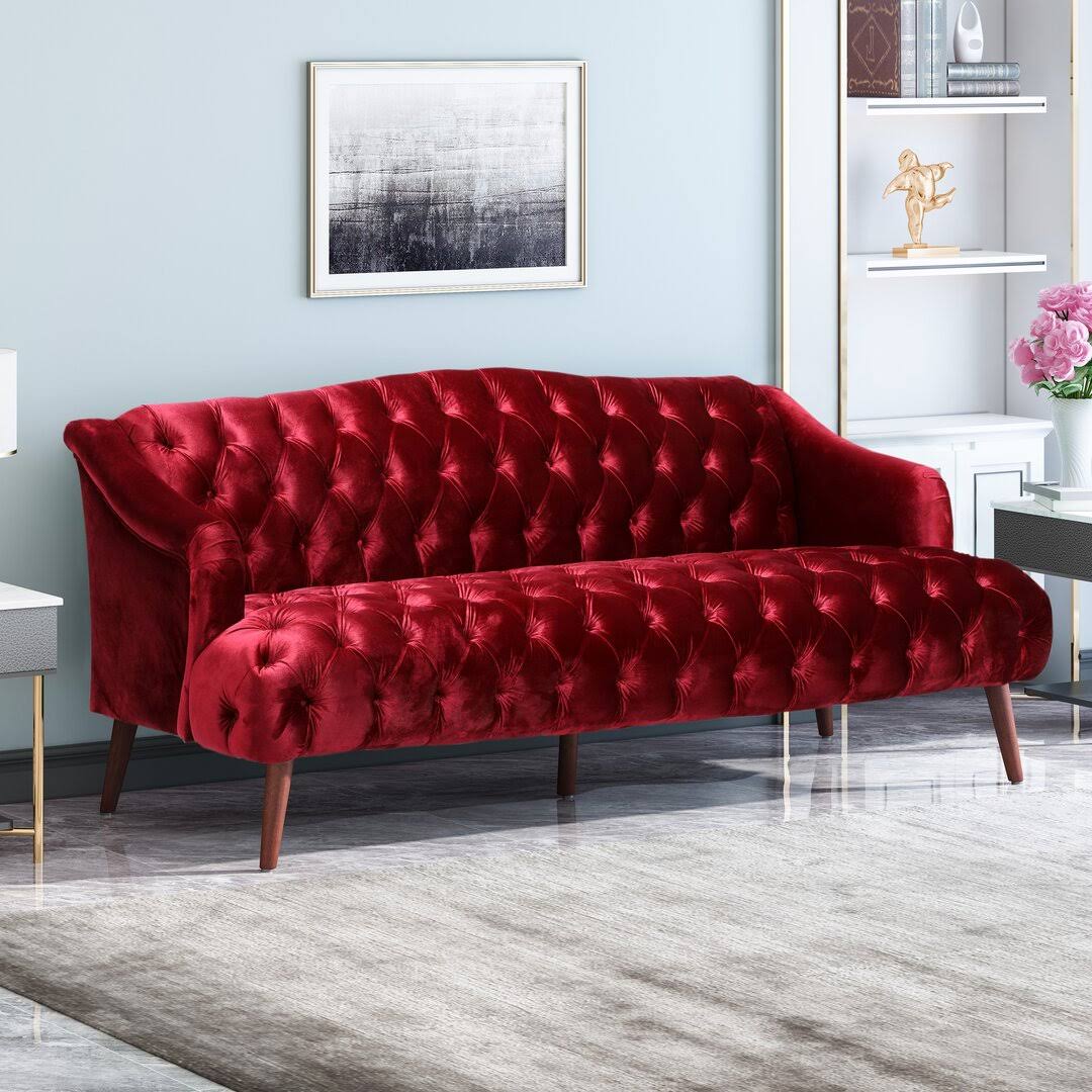 73.25 Flared Arm Sofa Rosdorf Park Upholstery Color: Wine, Upholstery Material: Velvet, Leg Color: Walnut