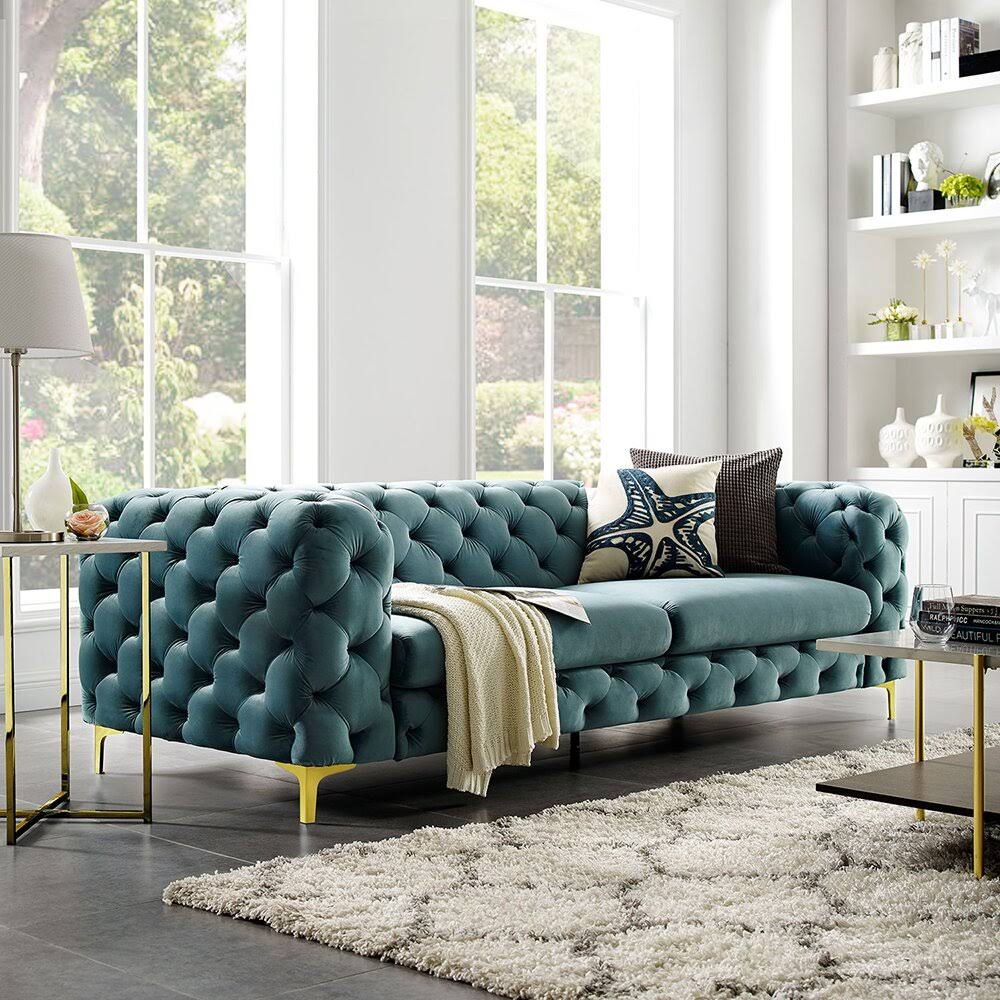 93.3 Velvet Rolled Arm Chesterfield Sofa Everly Quinn Leg Color: Black, Fabric: Curry Velvet