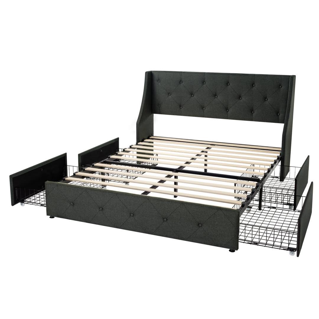 Upholstered Storage Bed With Wingback 4 Drawers