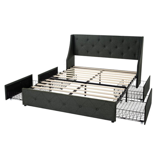 Upholstered Storage Bed With Wingback 4 Drawers