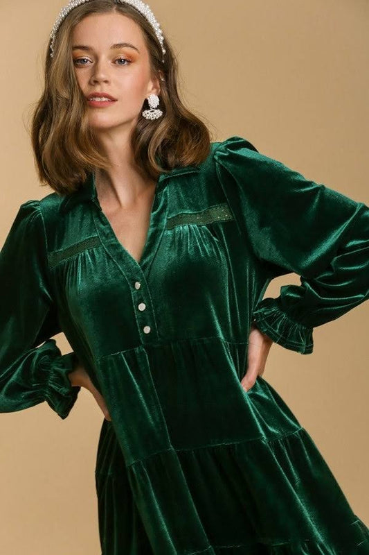 Velvet Collared Tiered Dress In Evergreen