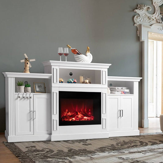 80 Inches Fireplace Tv Stand Mantel Heater With Shelves And Side Cabinets White