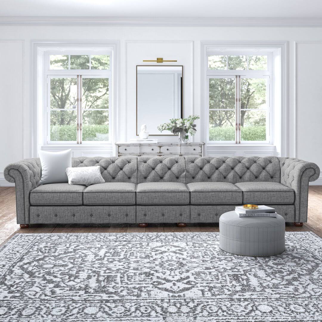 141.2 Linen Rolled Arm Chesterfield Sofa  Fabric: Pewter Grey Linen