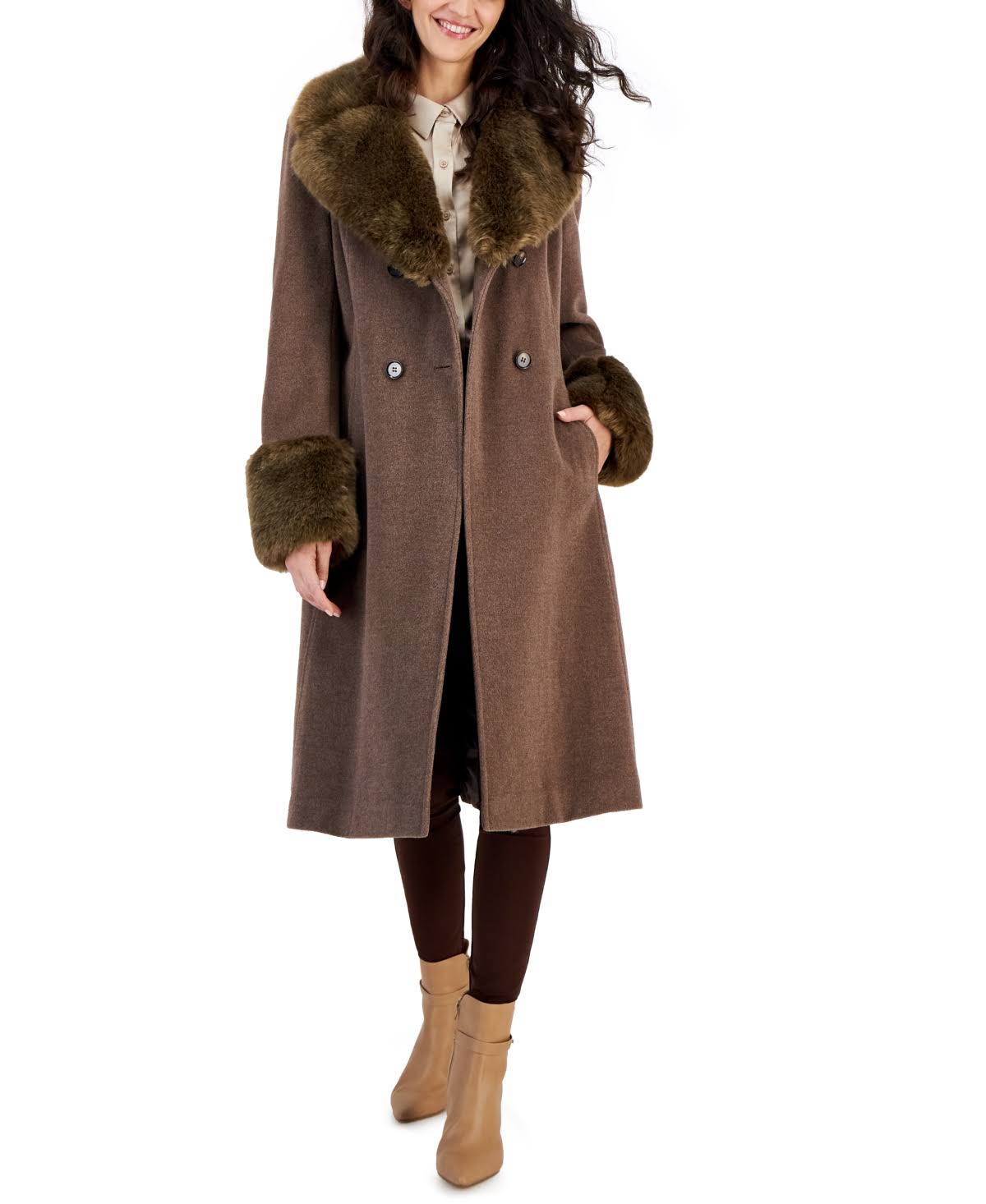 Womens Faux-Fur-Trim Belted Wrap Coat