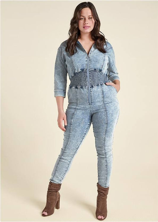 Acid Wash Smocked Jumpsuit