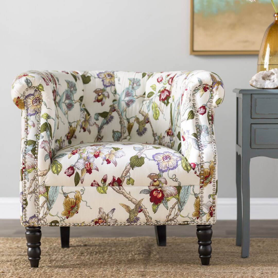 34 Wide Tufted Polyester Chesterfield Chair  Fabric: Creamy Ivory Multi Floral With Birds Polyester, Leg Color: Dark Espresso