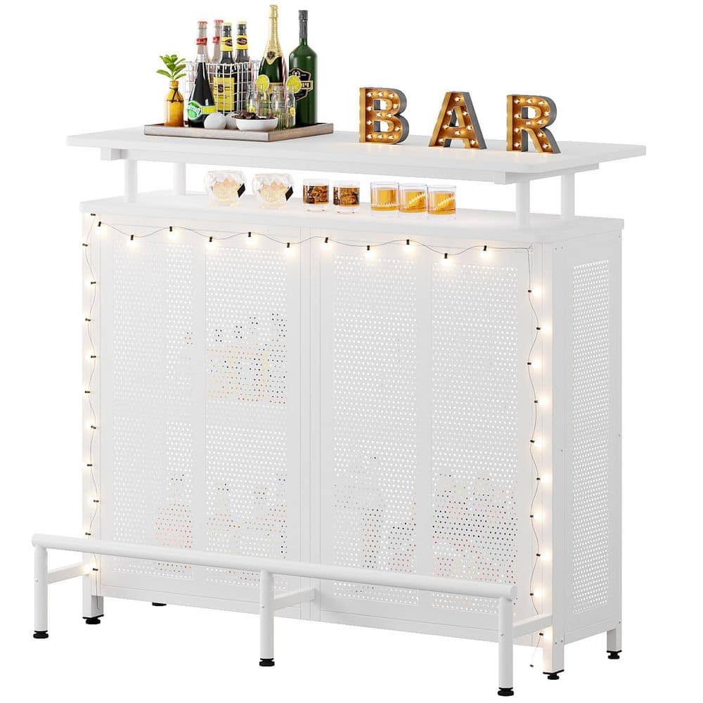 Walter 47.2 In. White Wood Home Bar Unit, 3-Tier Liquor Bar Table With Stemware Racks And Wine Storage Shelves