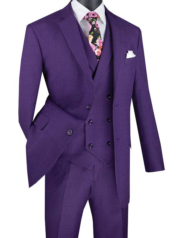 Venetian Collection Purple Regular Fit Glen Plaid 2 Button 3 Piece Suit