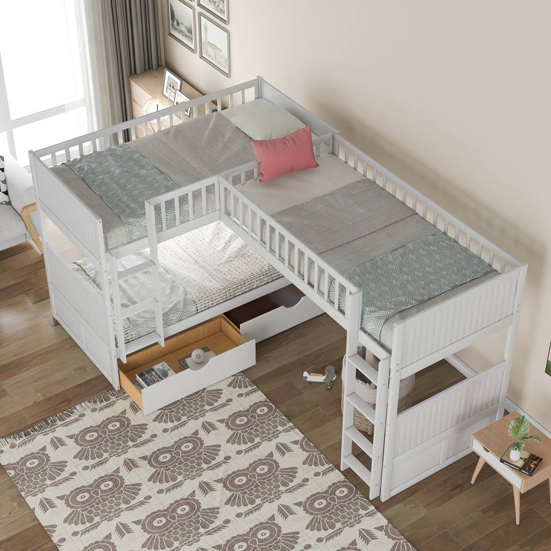 Twin Over Twin Over Twin 2 Drawer Solid Wood Standard Bunk Bed Isabelle & Max Bed Frame