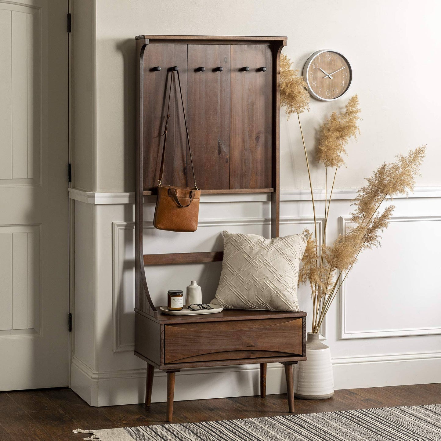 68 Inch Solid Wood Hall Tree With Drawer In Walnut