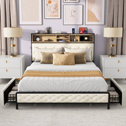 Upholstered Storage Bed With Built-In Outlets