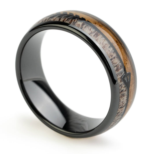 The Explorer Ring Black Ceramic Whiskey Barrel Oak Wood