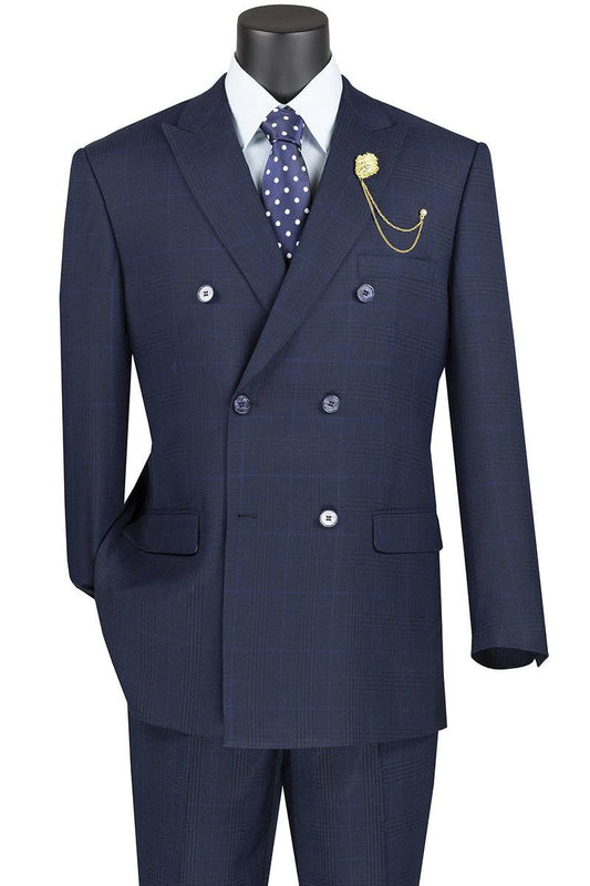 Alexander Collection Navy Double Breasted 2 Piece Suit Regular Fit Tone On Tone Windowpane