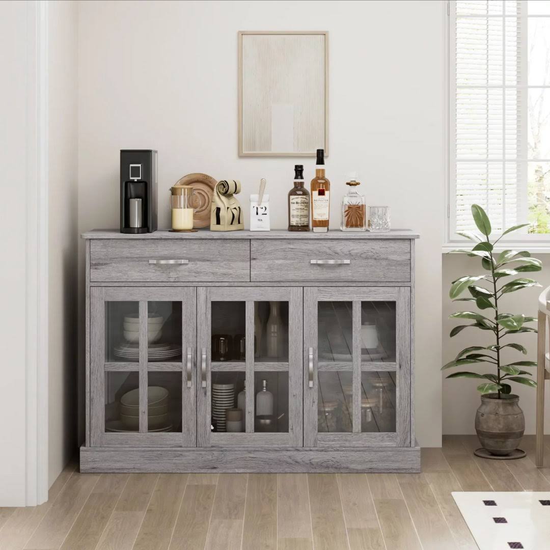 47.2w 2 Drawer Sideboard Buffet With Cabinets Glass Doors