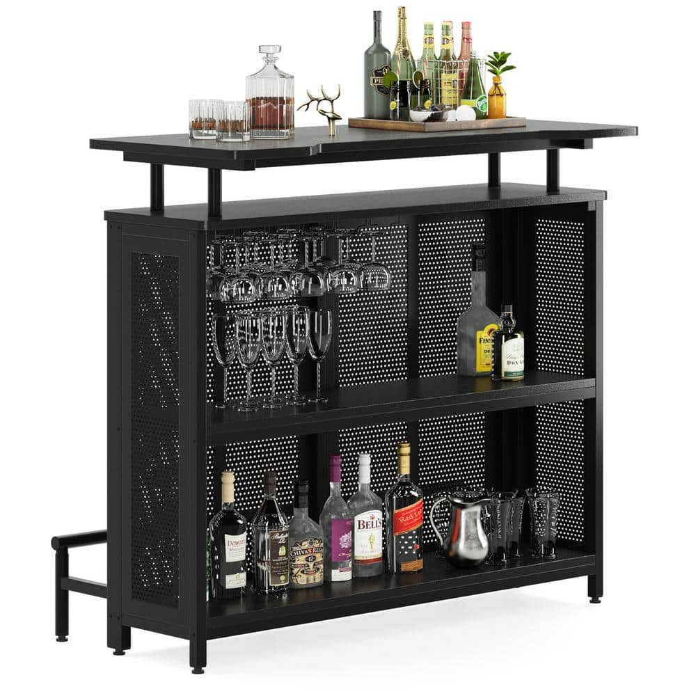 Walter 47.2 In. Black Wood Home Bar Unit, 3-Tier Liquor Bar Table With Stemware Racks And Wine Storage Shelves