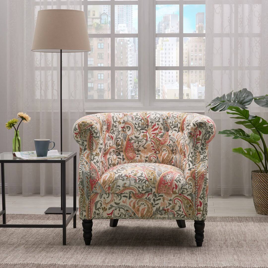 34 Wide Tufted Polyester Chesterfield Chair  Fabric: Coral Red Multi Paisley Polyester, Leg Color: Dark Espresso