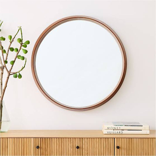 Wood Frame Ledge Round Wall Mirror