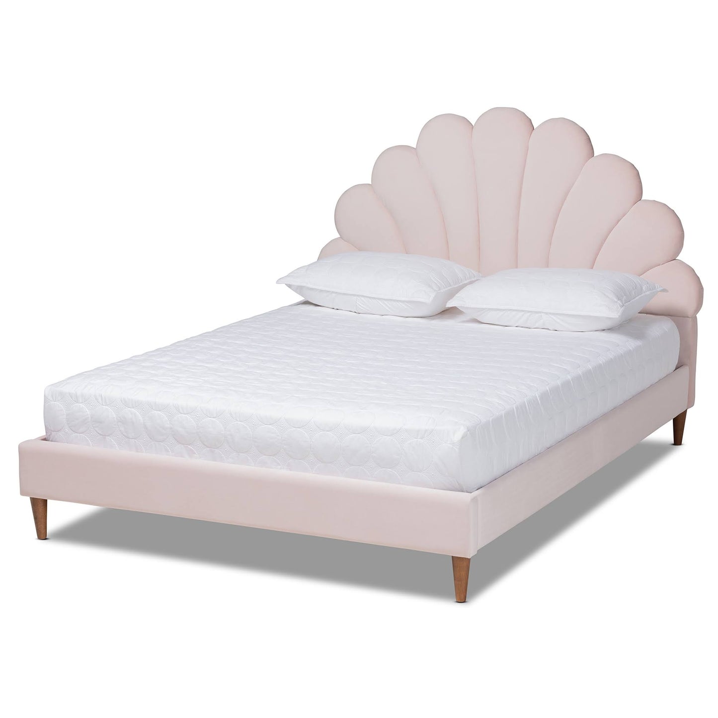 Studio Odille Modern Glam Light Pink Velvet Upholstered Walnut Brown Queen Size Seashell Shaped Platform Bed