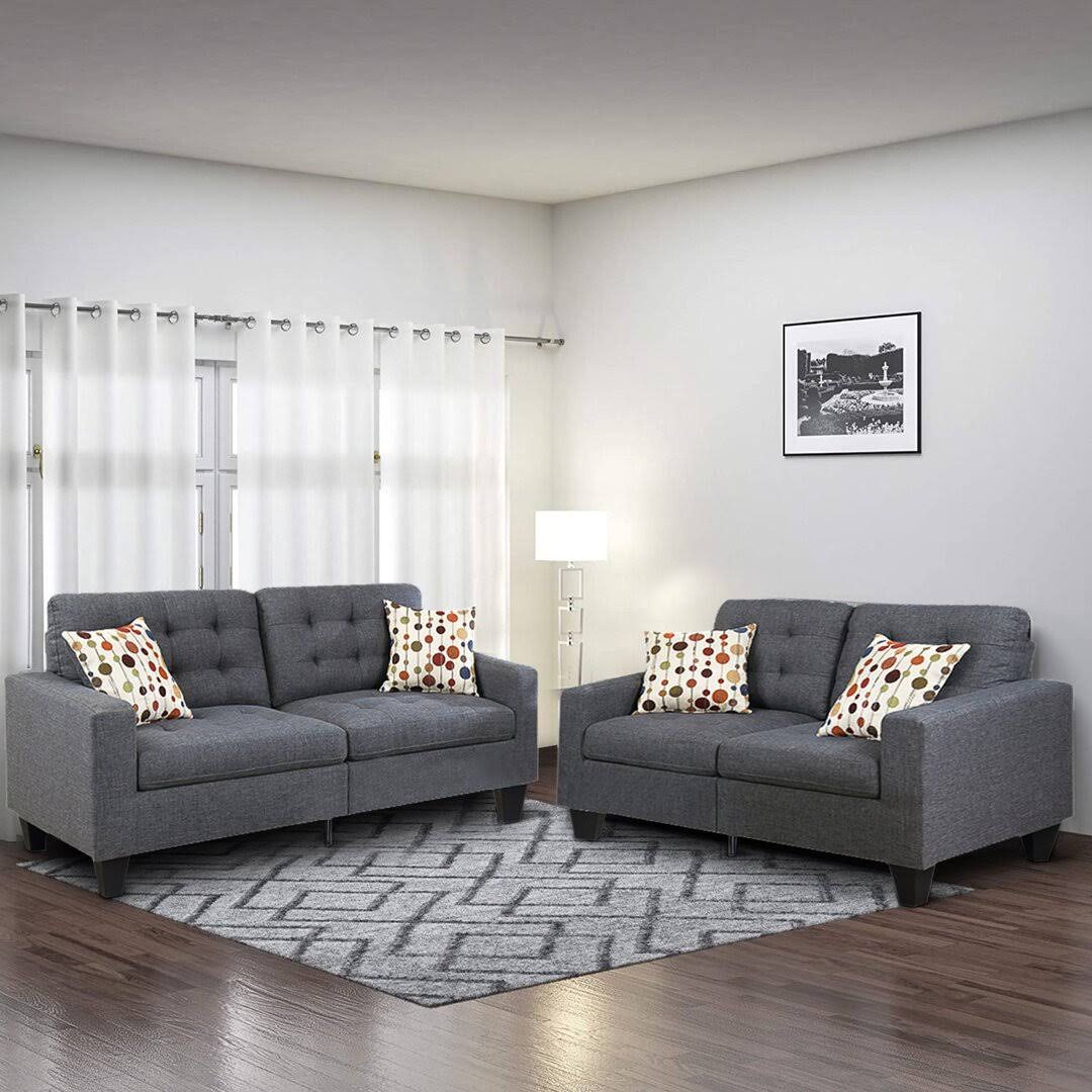 2 Piece Modern Sofa Loveseat Set 4 Throw Pillows Fabric