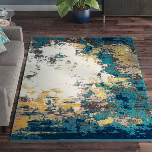 Abstract Blue/Yellow/Beige Area Rug  Rug