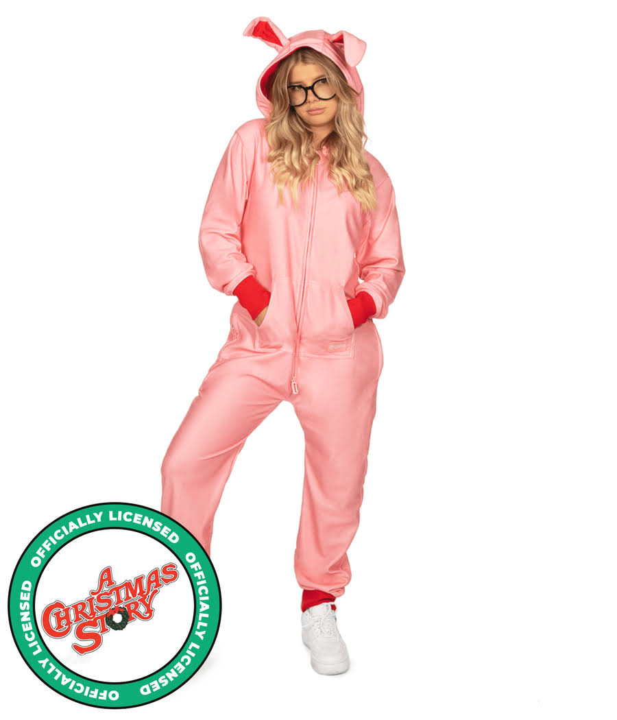 Womens Christmas Story Bunny Jumpsuit | Fun Adult Holiday Onesie | High Strength & Durable Material | Pink