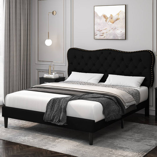 Tufted Upholstered Platform Bed With Adjustable Headboard