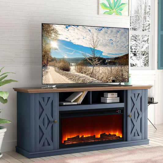 Tv Stand For Tvs Up To 78 With Fireplace Included  Color: Navy/Walnut